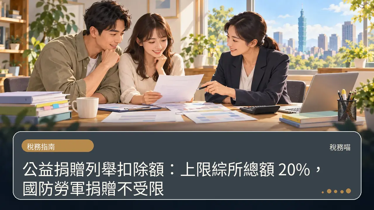 公益捐贈列舉扣除額:上限綜所總額 20%,國防勞軍捐贈不受限主題插畫