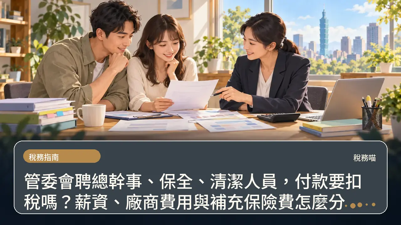 管委會聘總幹事、保全、清潔人員,付款要扣稅嗎?薪資、廠商費用與補充保險費怎麼分主題插畫