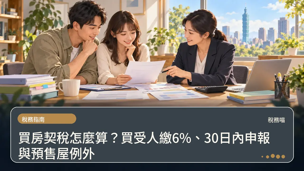 買房契稅怎麼算?買受人繳6%、30日內申報與預售屋例外主題插畫