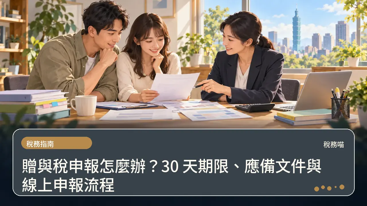 贈與稅申報怎麼辦?30 天期限、應備文件與線上申報流程主題插畫