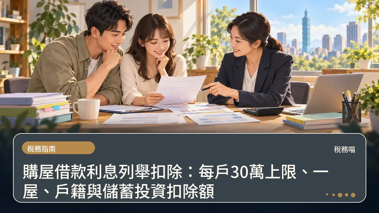 購屋借款利息列舉扣除：每戶30萬上限、一屋、戶籍與儲蓄投資扣除額主題插畫