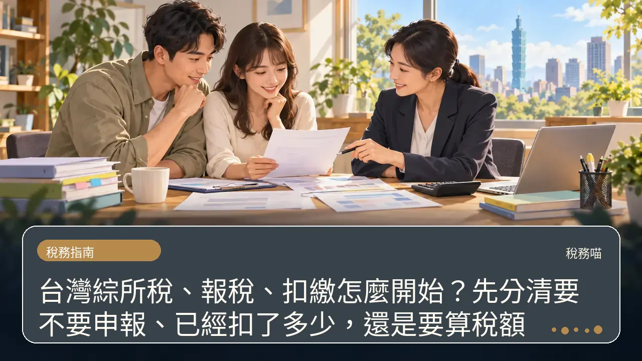 台灣綜所稅、報稅、扣繳怎麼開始?先分清要不要申報、已經扣了多少,還是要算稅額主題插畫