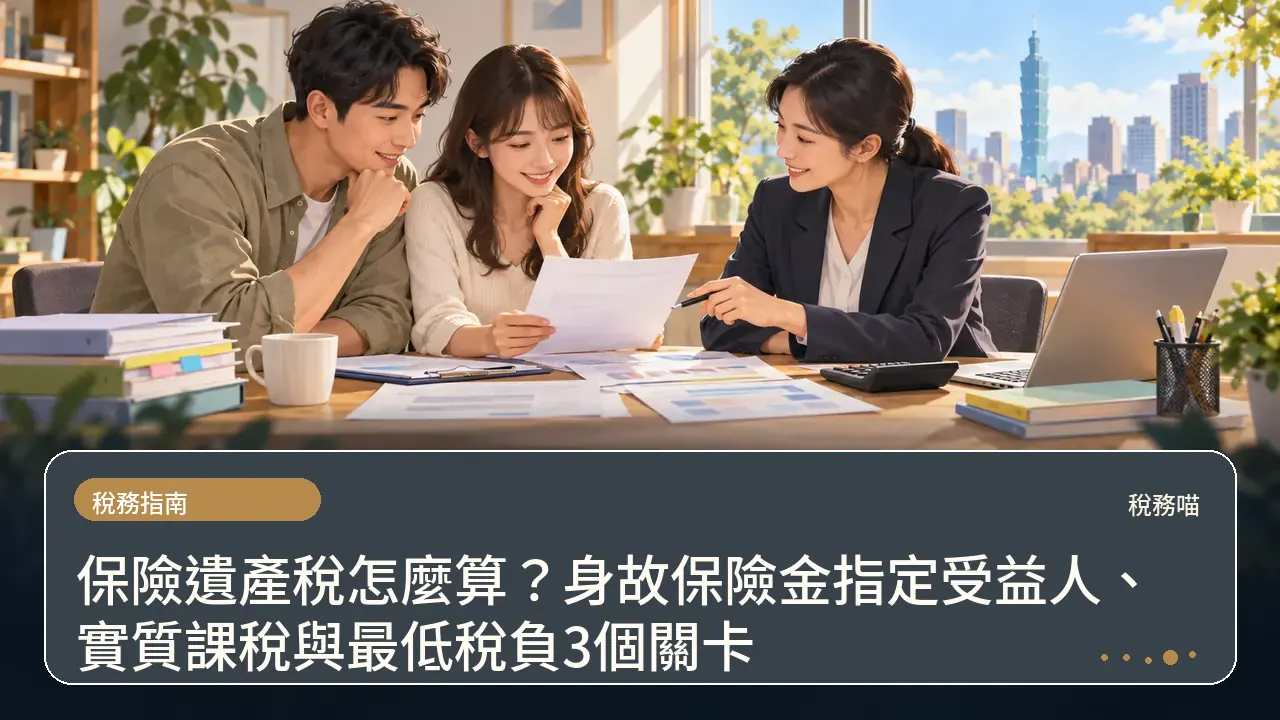 保險遺產稅怎麼算?身故保險金指定受益人、實質課稅與最低稅負3個關卡主題插畫