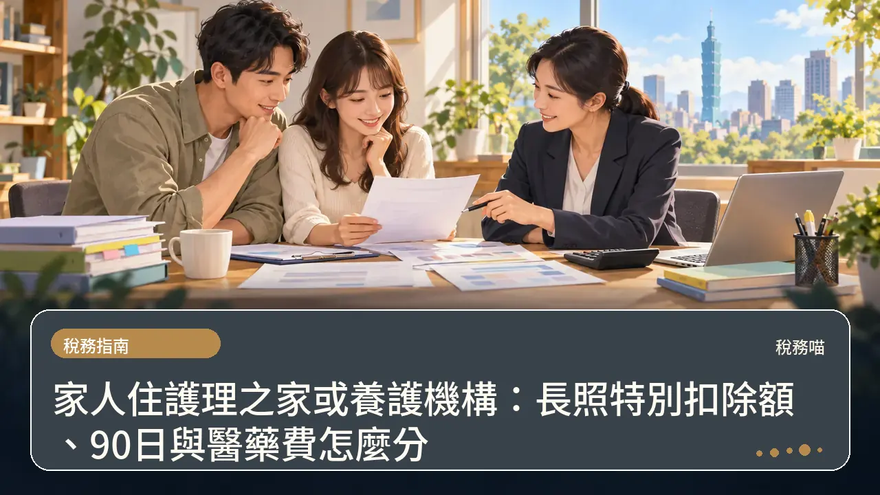 家人住護理之家或養護機構:長照特別扣除額、90日與醫藥費怎麼分主題插畫